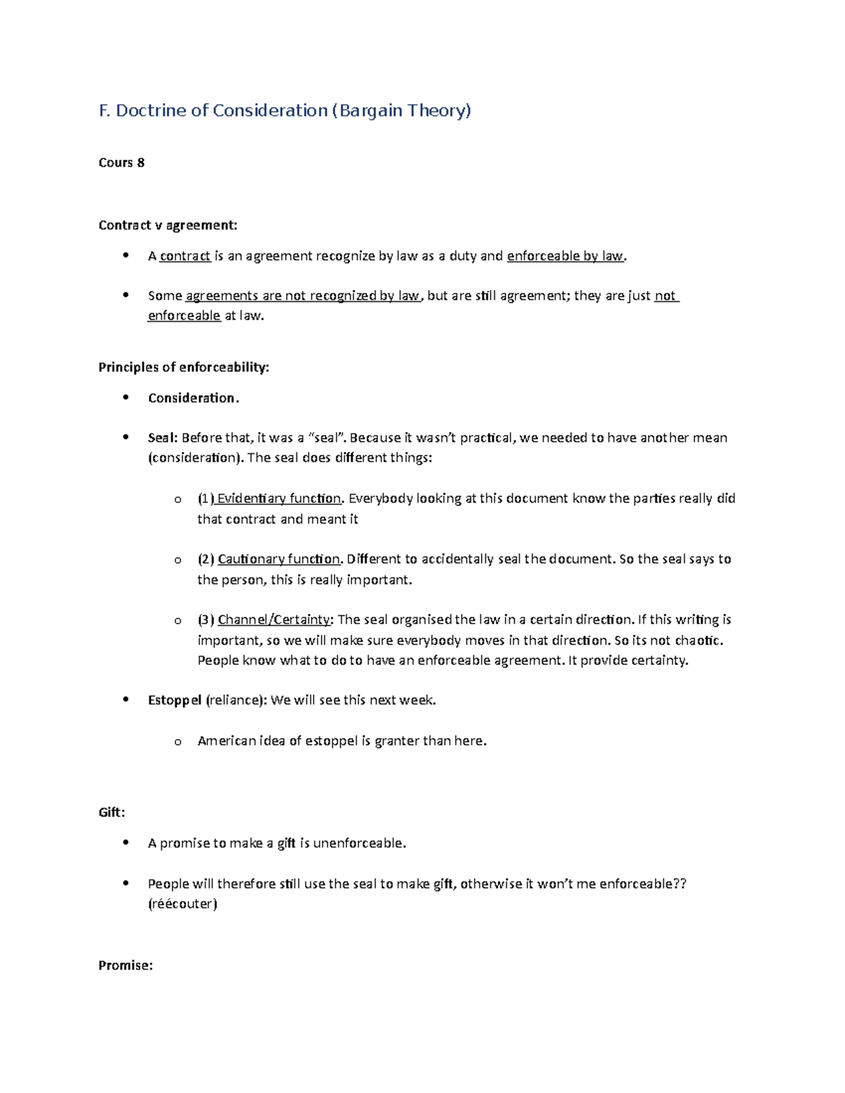 The law of Contract Cours 8 - F. Doctrine of Consideration (Bargain ...