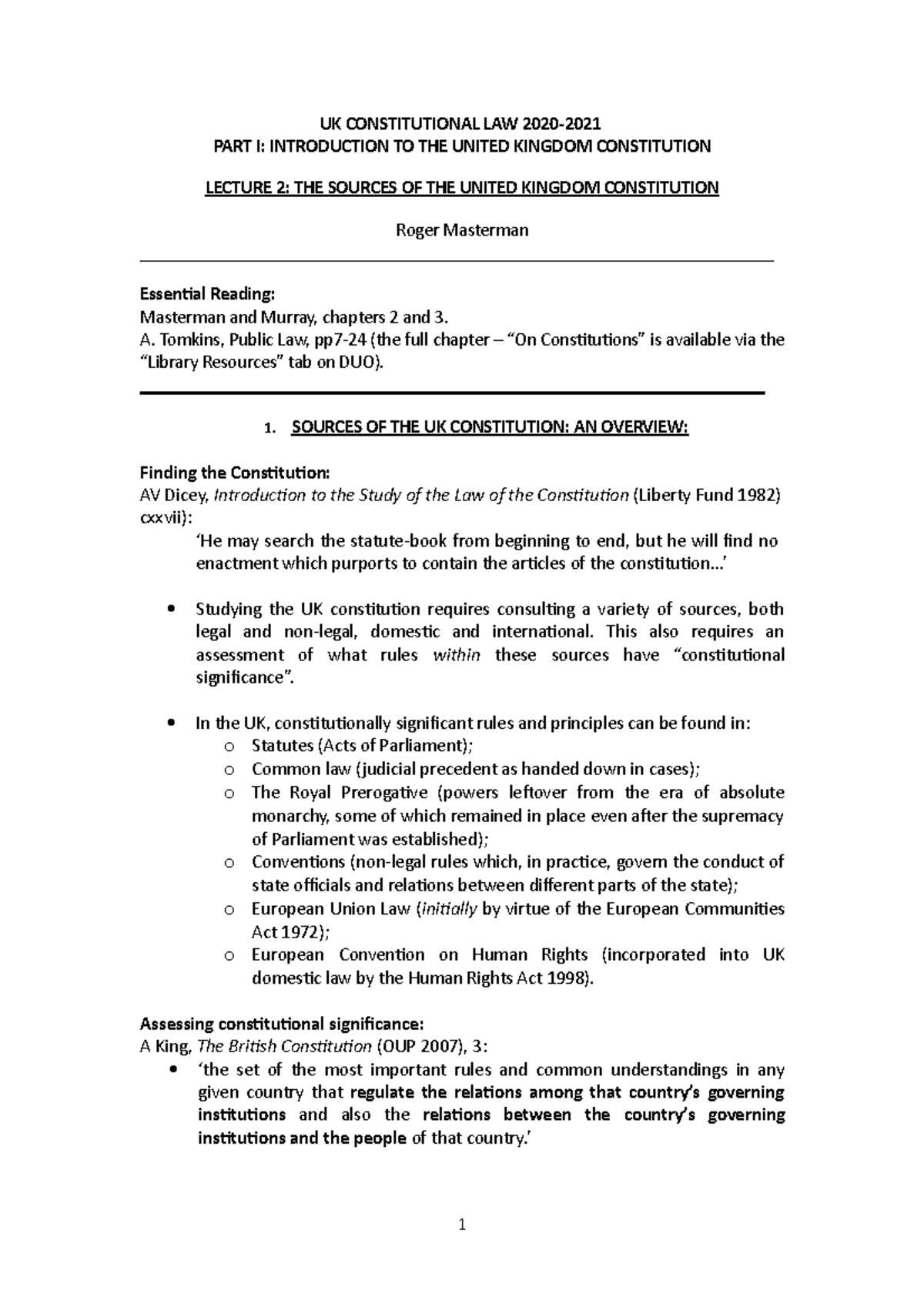 Lecture 2 - Sources - UK CONSTITUTIONAL LAW 2020- PART I: INTRODUCTION ...
