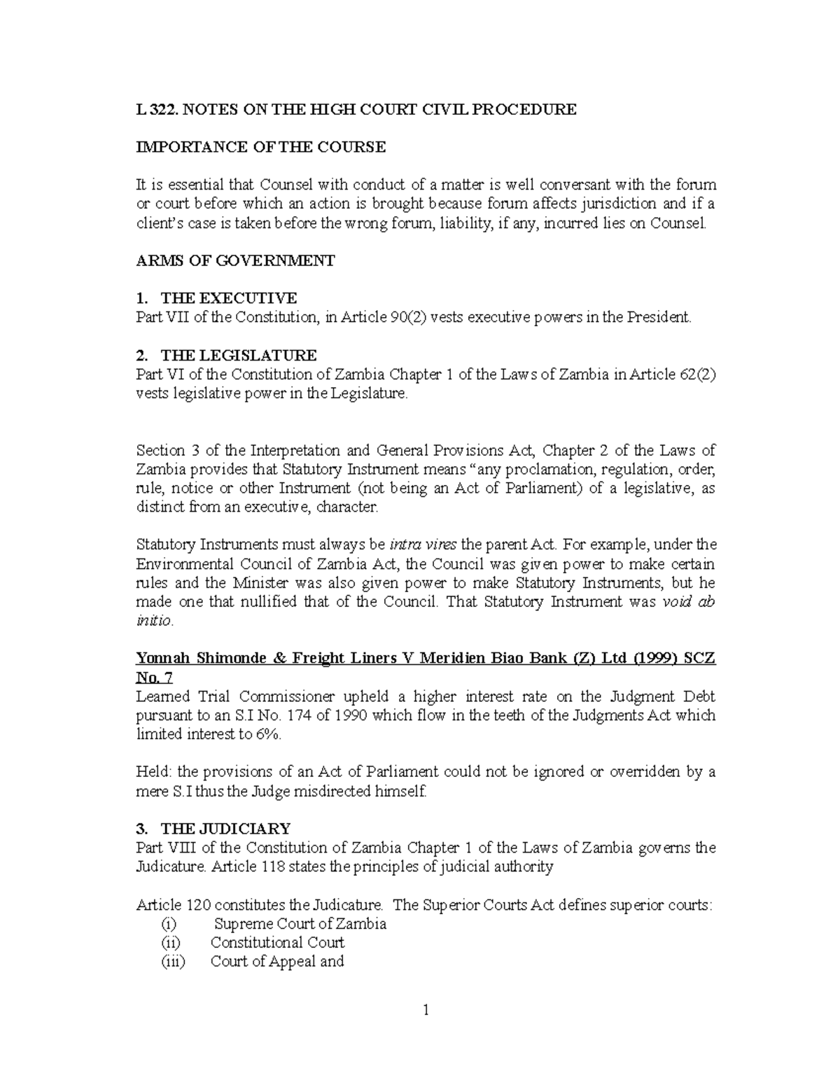 High Court Civil Procedure ZCAS - L 322. NOTES ON THE HIGH COURT CIVIL ...