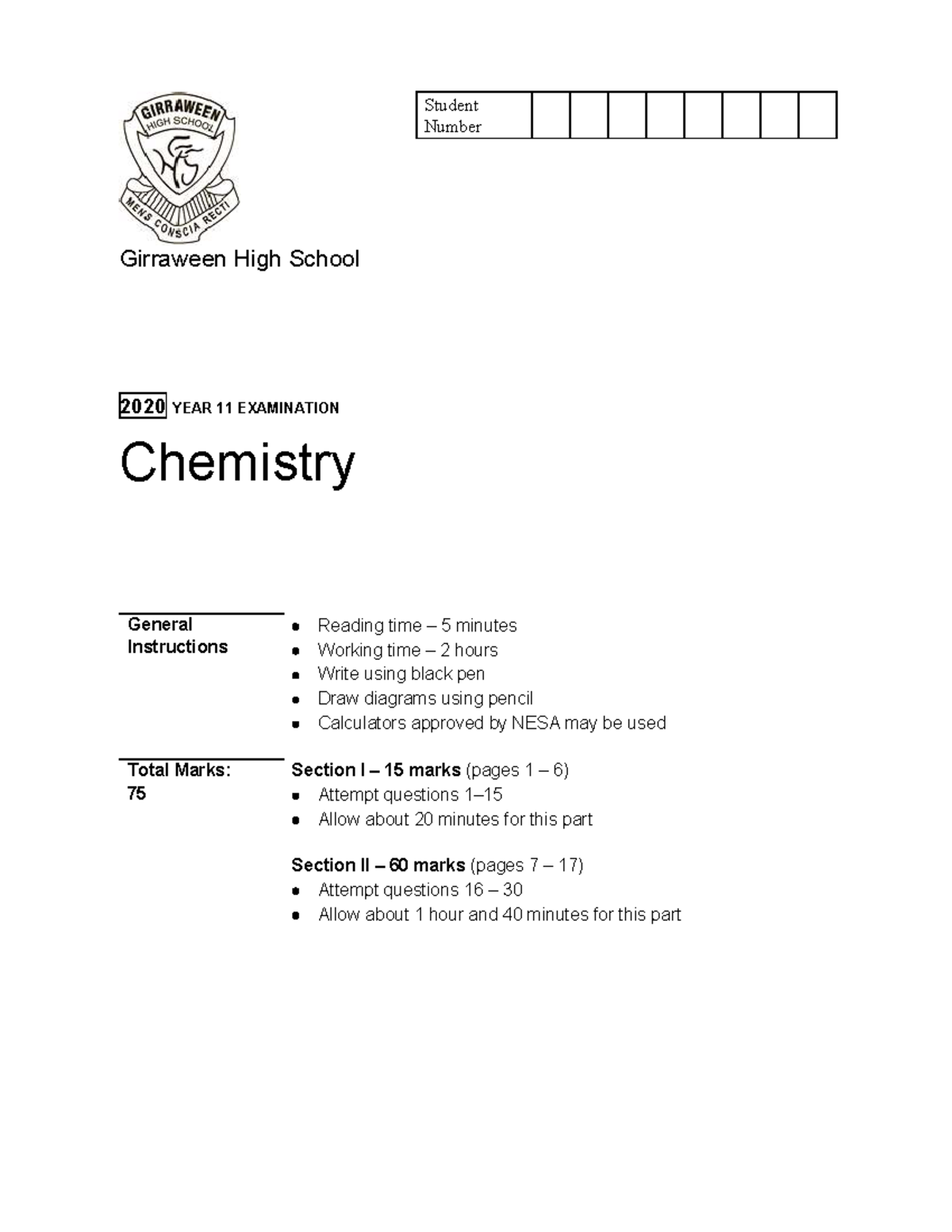 2020 Girraween - Chemistry Trial Past Paper - Girraween High School ...