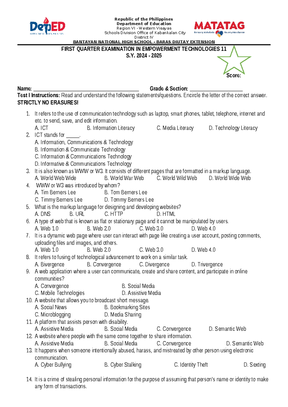 1st Quarter Exam In ETech - Department Of Education Region VI - Western ...