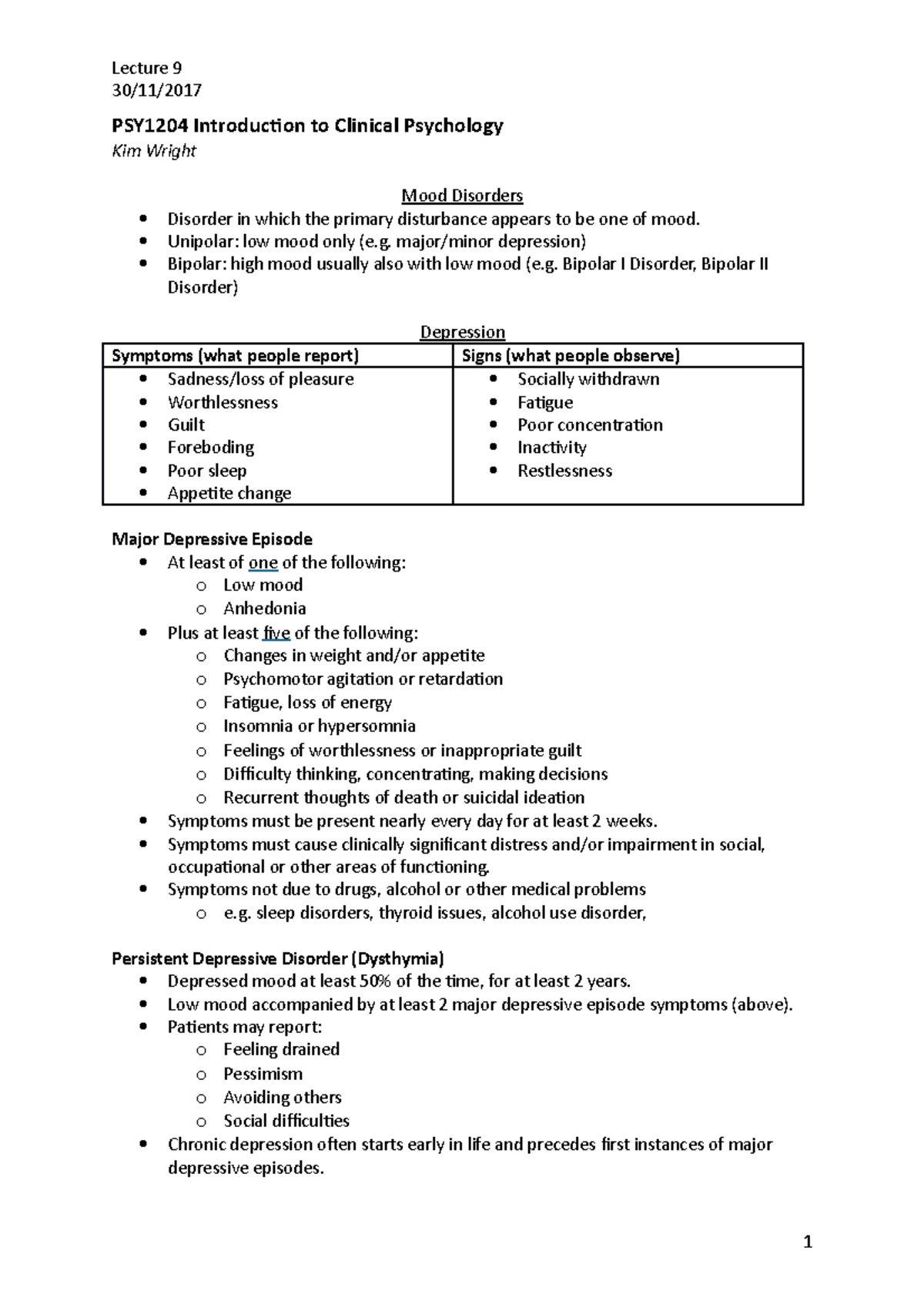 Mood Disorder - 30/11/ PSY1204 Introduction to Clinical Psychology Kim ...