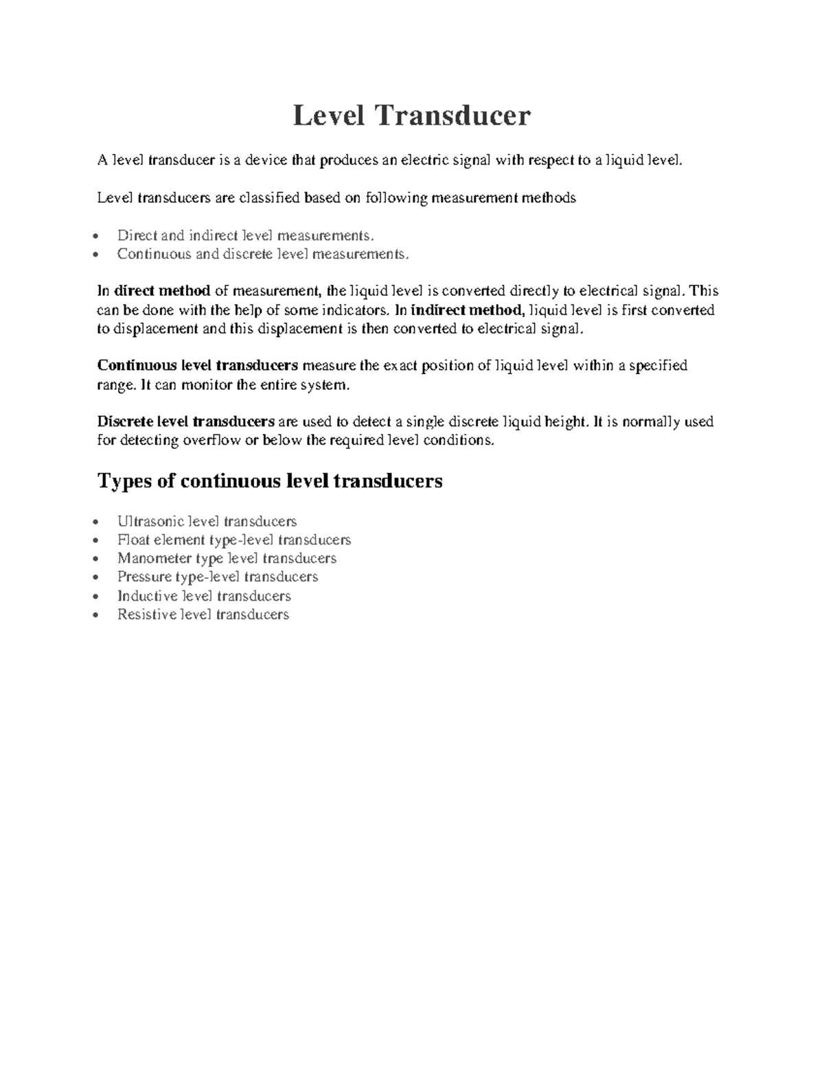 Level Transducer many levels are including Level Transducer A level