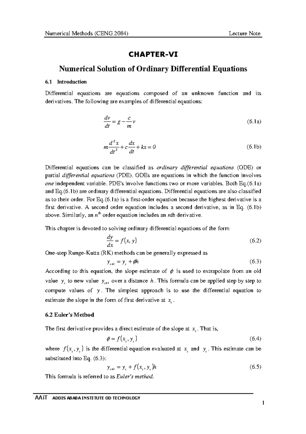 Chapter 7 Numerical Solution Of Ordinary Differential Equations - - Studocu