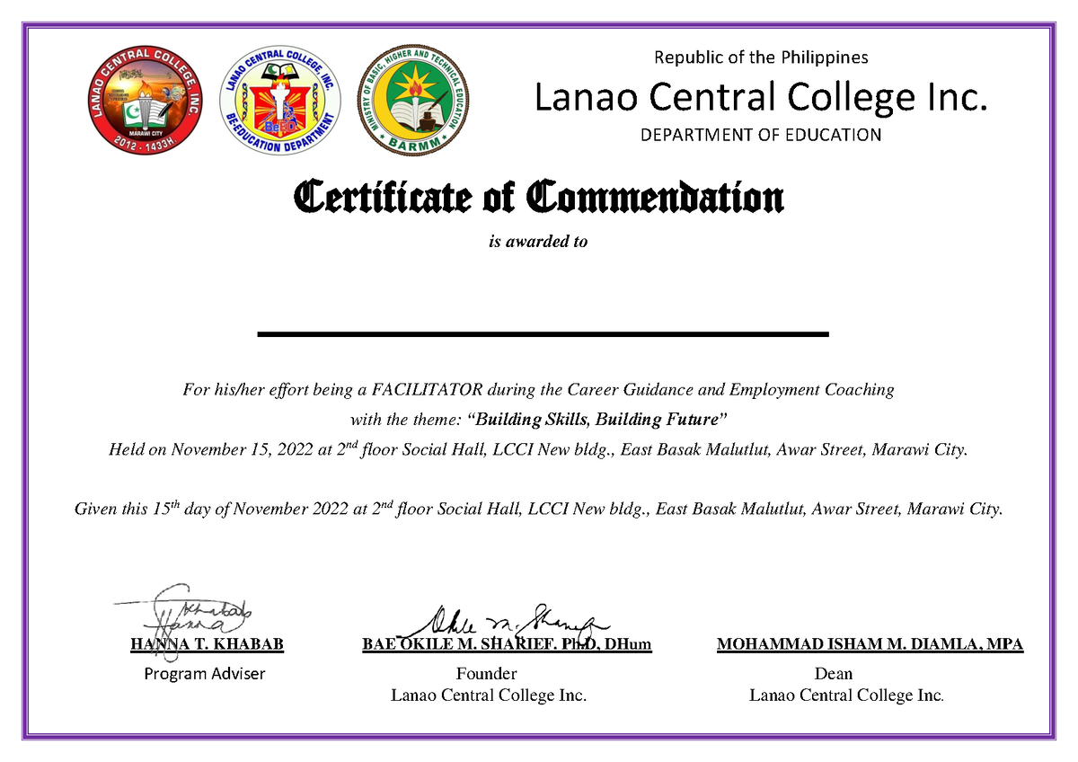 Certificate of Facilitator - Republic of the Philippines Lanao Central ...