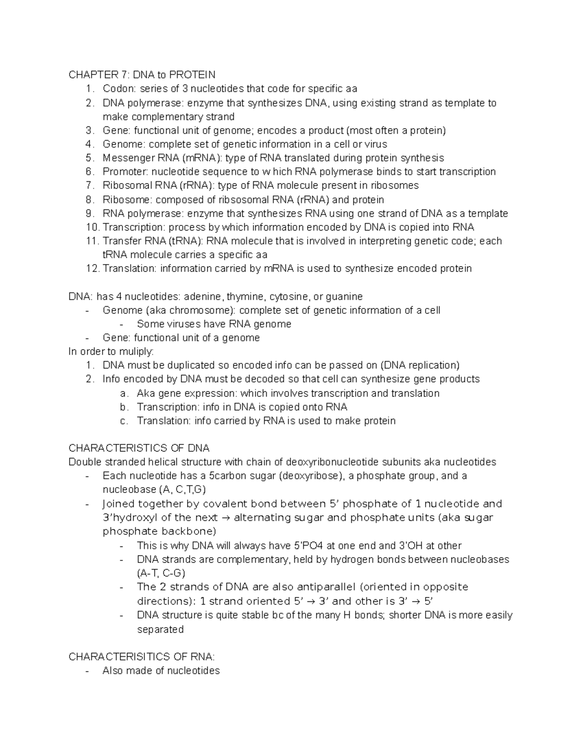 Microbio reading notes exam 2 - CHAPTER 7: DNA to PROTEIN 1. Codon ...