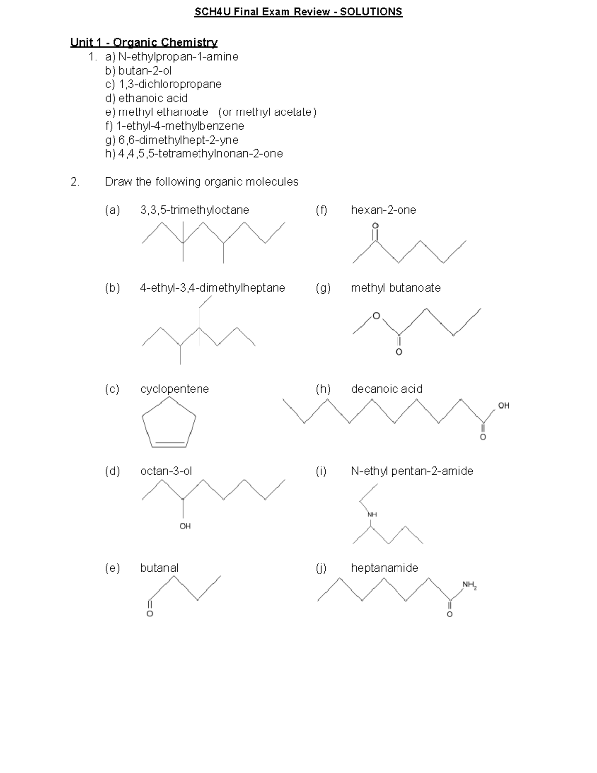 SCH4U Final Exam Review June 2023 Solutions - Unit 1 - Organic ...
