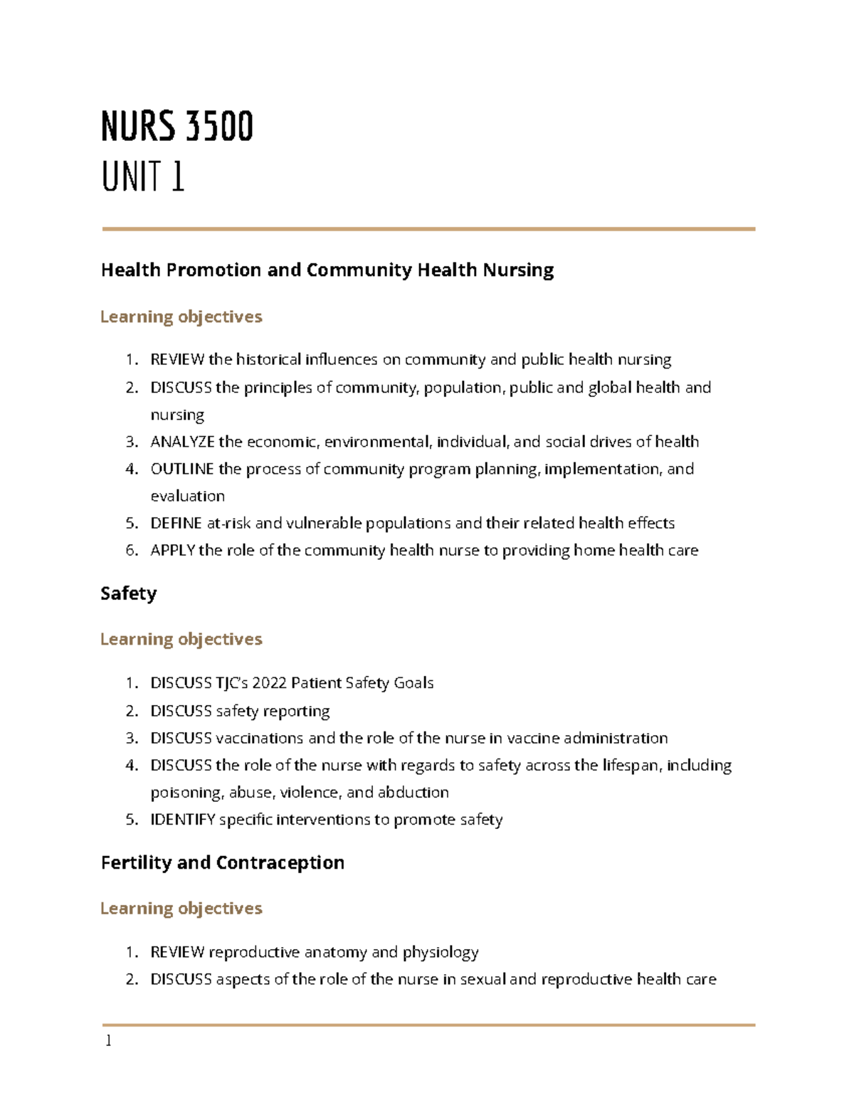 NURS3500 UNIT 1 Master Unit study guide NURS 3500 UNIT 1