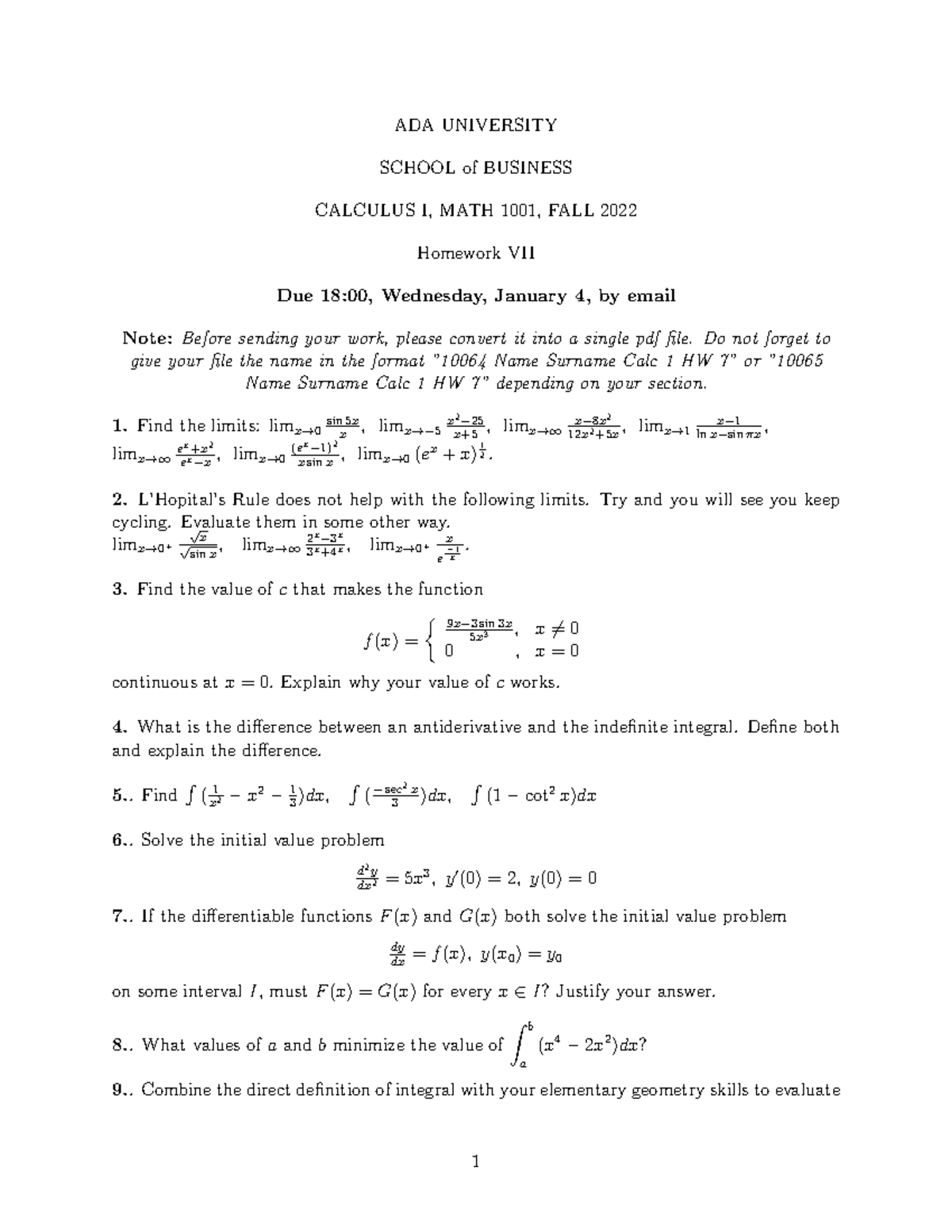 Fall2022 Calc 1 HW 7 - ADA UNIVERSITY SCHOOL Of BUSINESS CALCULUS I ...