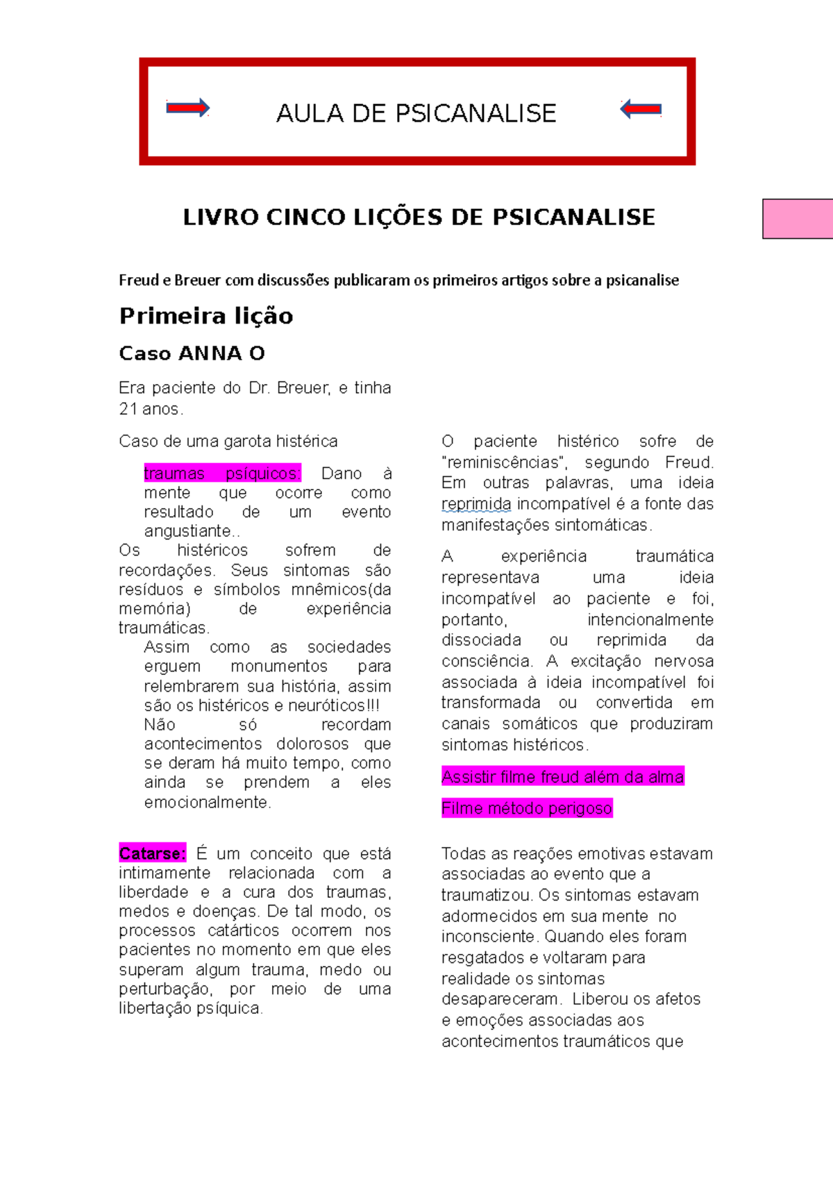 Aula Teoria Psicanalitica - AULA DE PSICANALISE Freud E Breuer Com ...