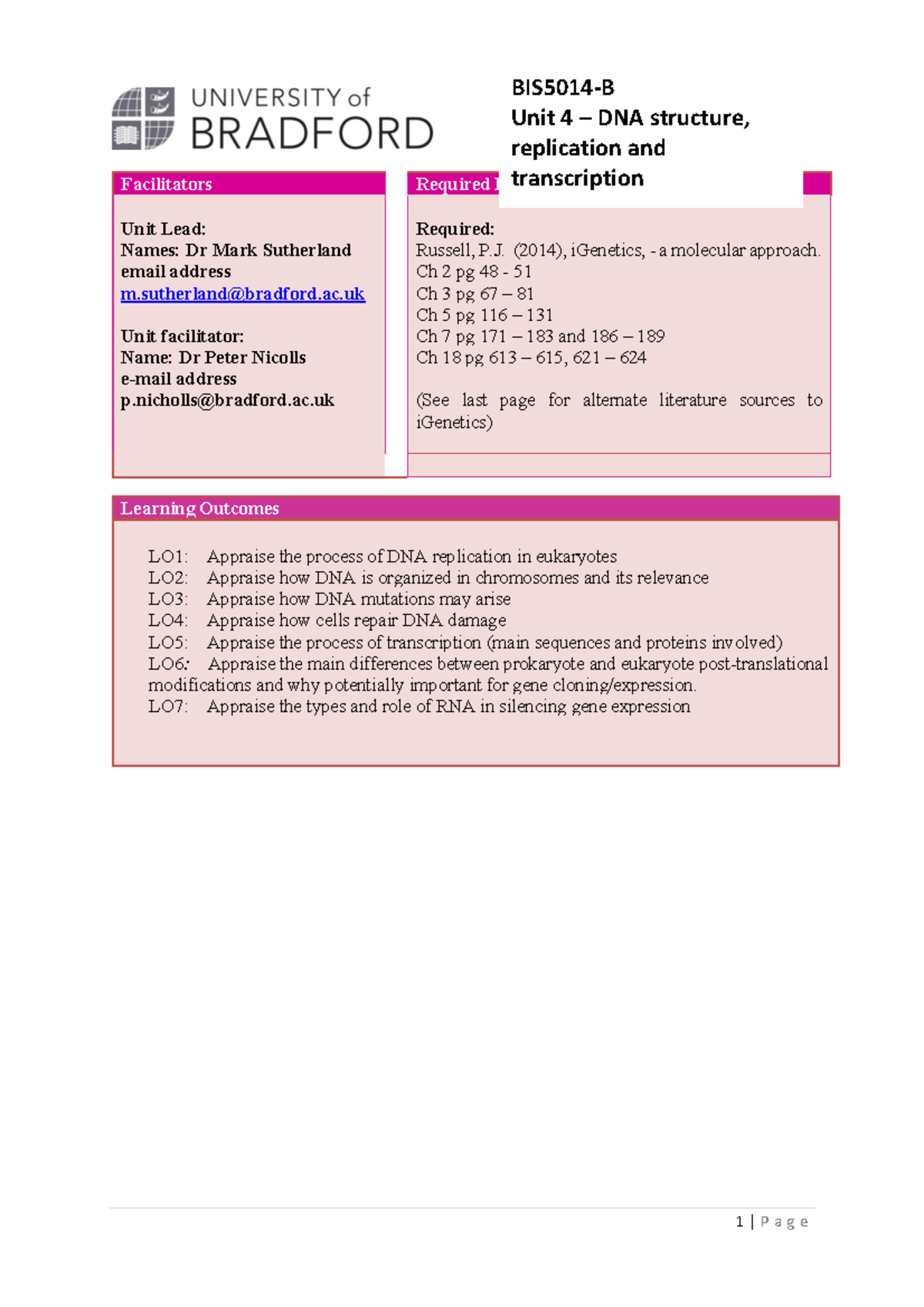 Student Study Guide Unit 4 dna structure - BIS5002-A - Bradford - Studocu