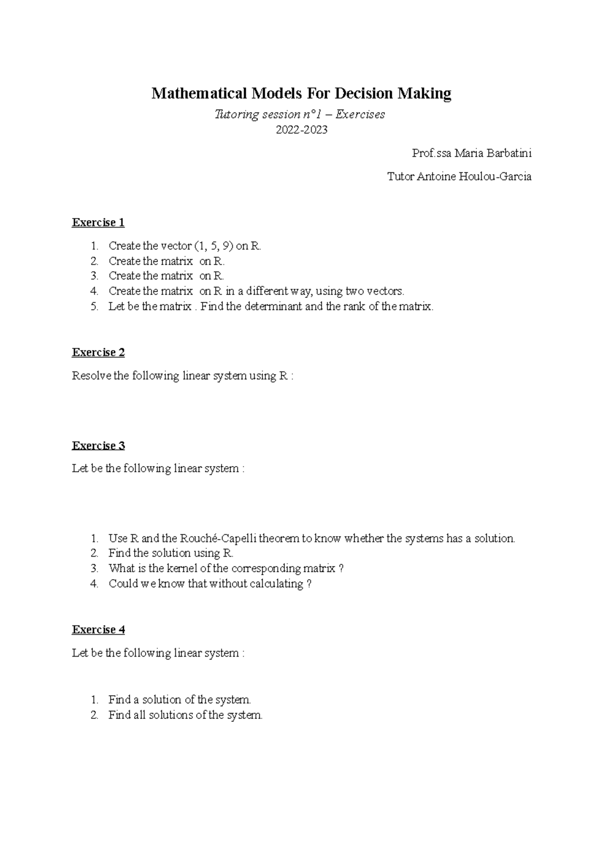 Tutoring session n°1 – Exercises - Mathematical Models For Decision ...