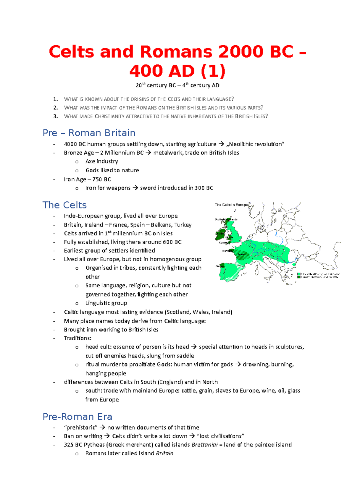 Zusammenfassung Cultural Studies - Celts and Romans 2000 BC – 400 AD (1 ...