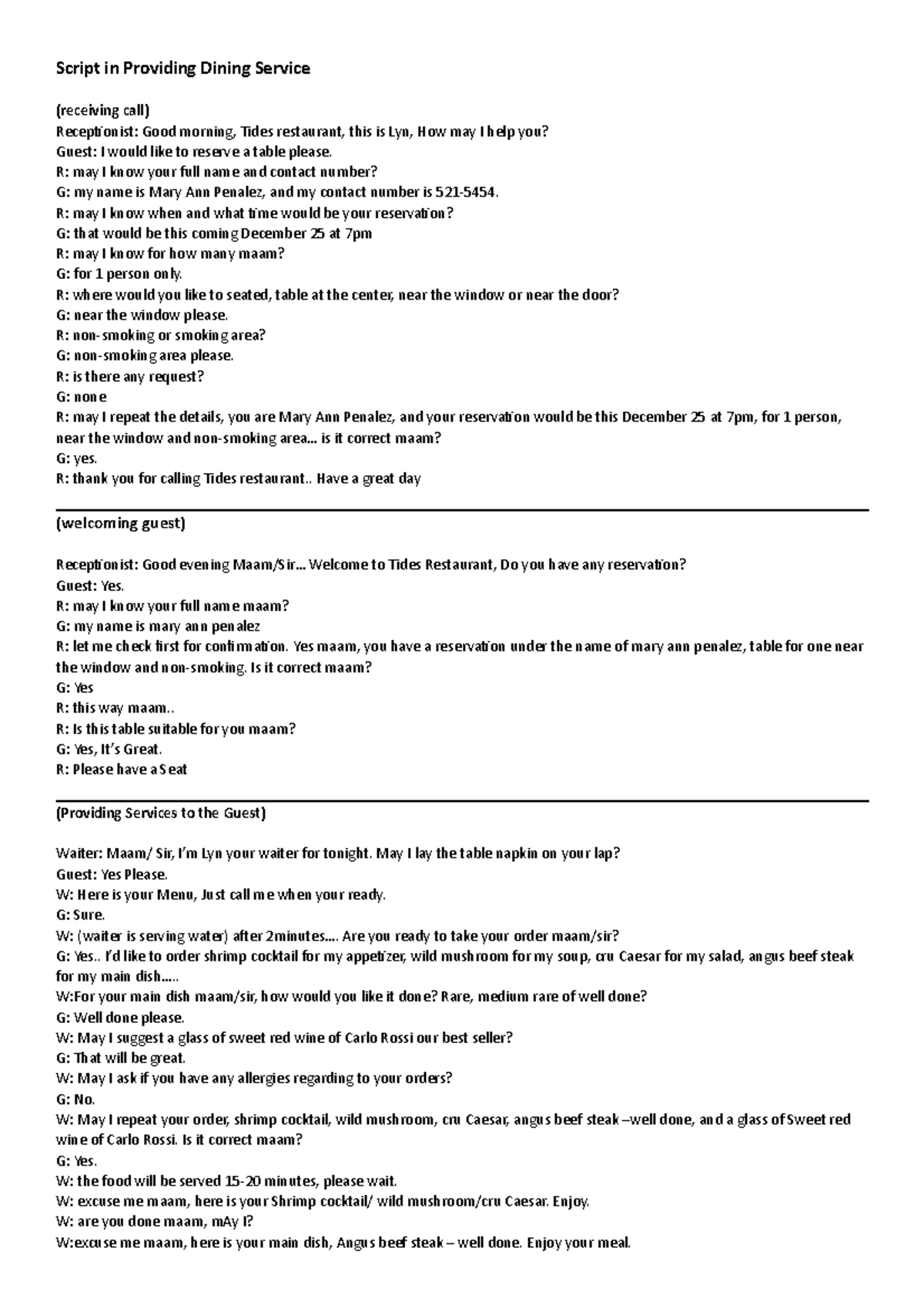 Food and Beverage Service NC II Script Script in Providing Dining