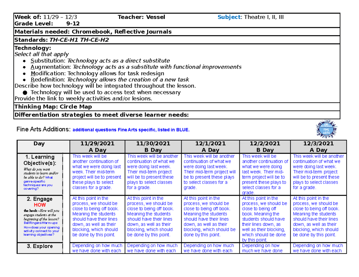 Lesson Plan 11-29 - Week Of: 11/29 – 12/3 Teacher: Vessel Subject ...