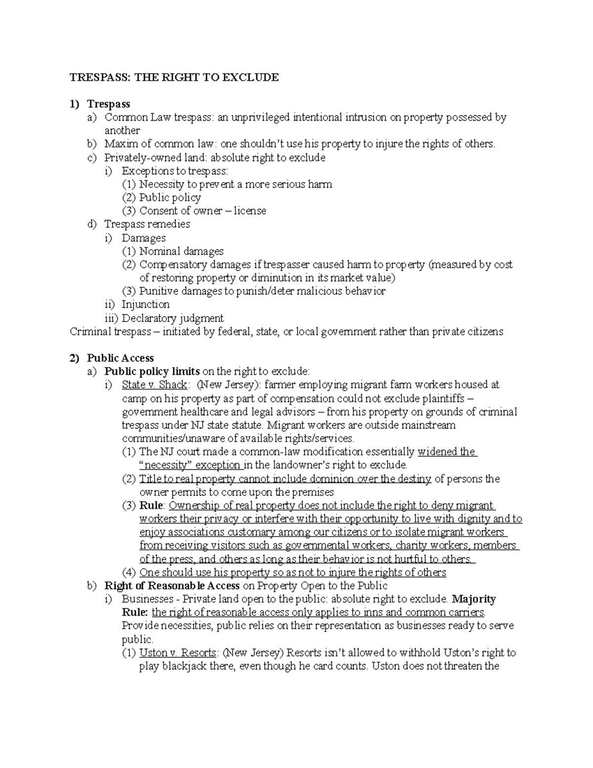 Property Law Outline 3 TRESPASS THE RIGHT TO EXCLUDE Trespass a