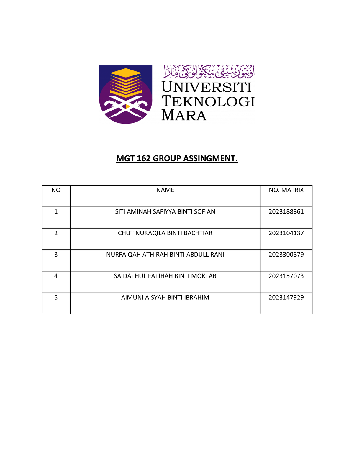 MGT162 Grouping ASS - For Revision Only - MGT 162 GROUP ASSINGMENT. NO ...