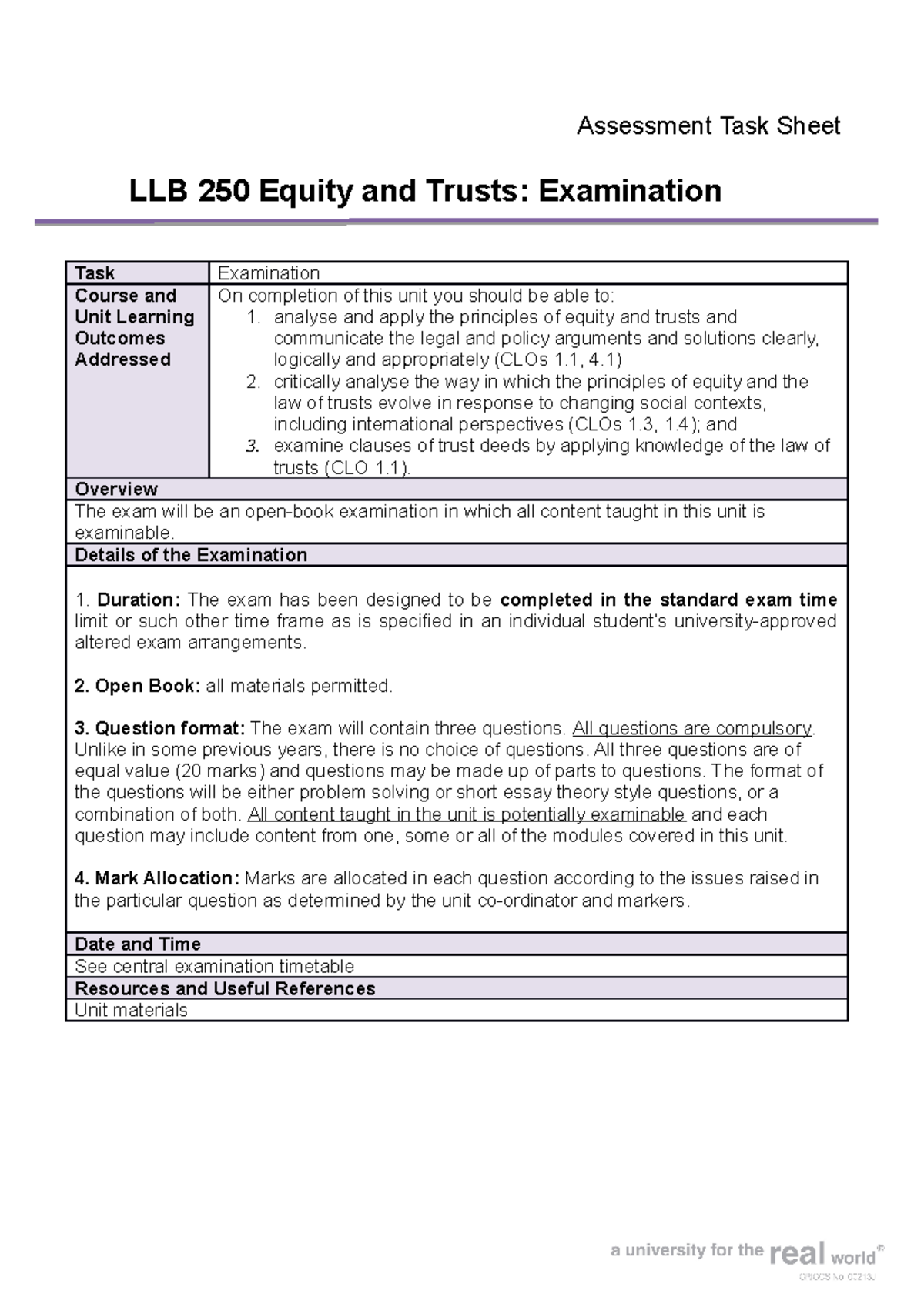 Exam CRA LLB205 TCRW Final - Assessment Task Sheet LLB 250 Equity and ...