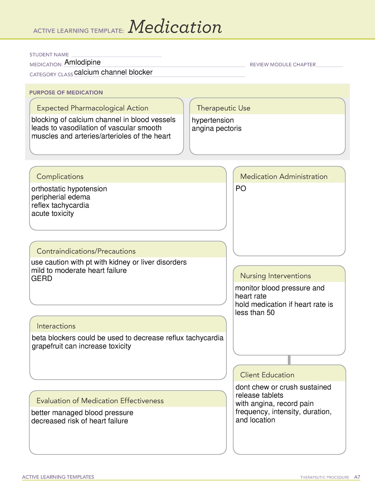 Amlodipine ati ACTIVE LEARNING TEMPLATES TherapeuTic procedure A