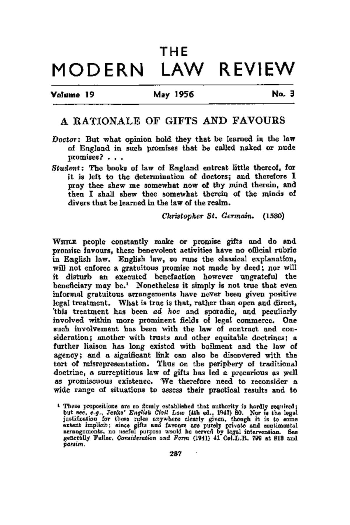 Modern Law Review May 1956 Stoljar A Rationale of Gifts and