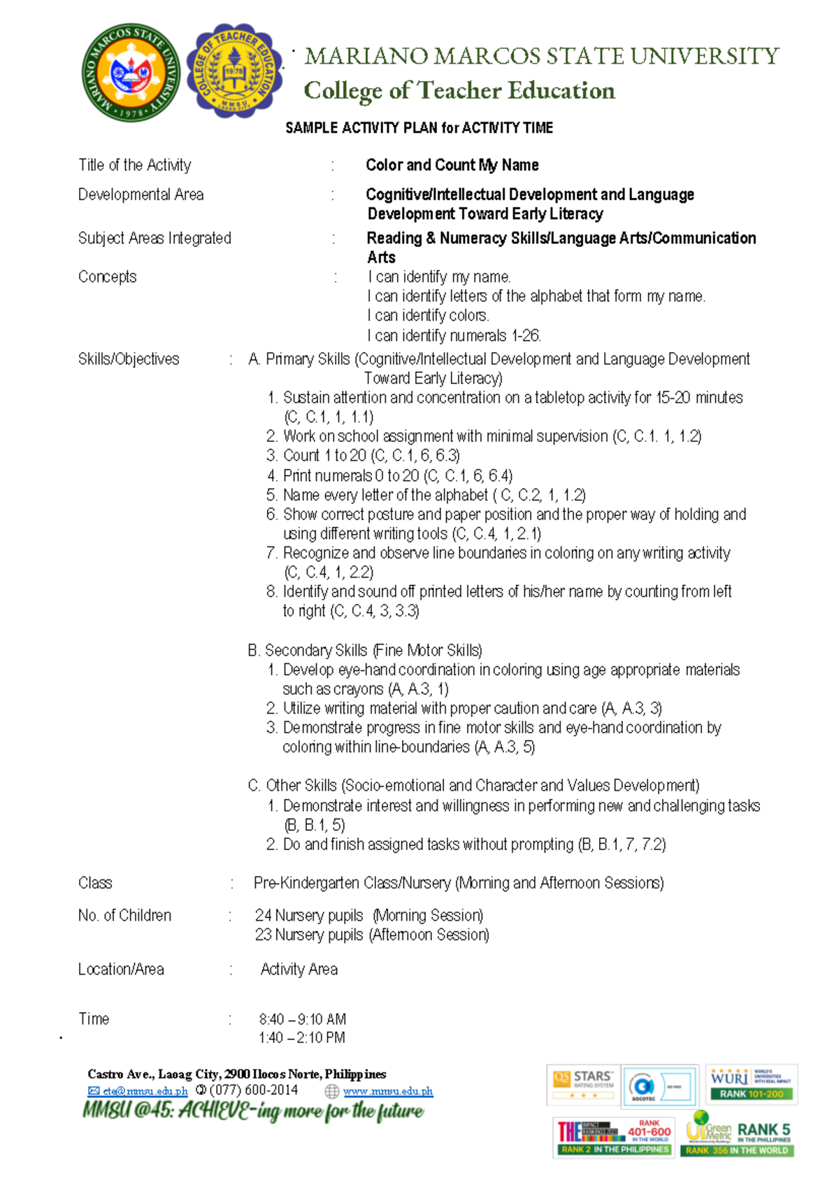 Sample-activity-plan - College of Teacher Education MARIANO MARCOS ...