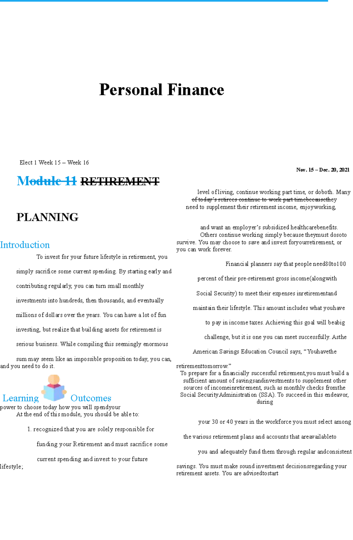 Module 11 Retirement Planning - Personal Finance Elect 1 Week 15 – Week ...