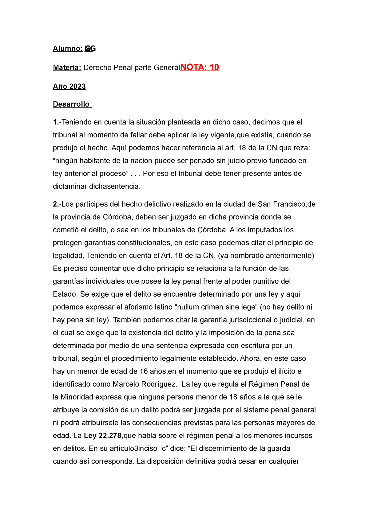 TP N° 1 Derecho Penal Parte General - Alumno: NGGGGGGGGGGGGGGG Materia ...