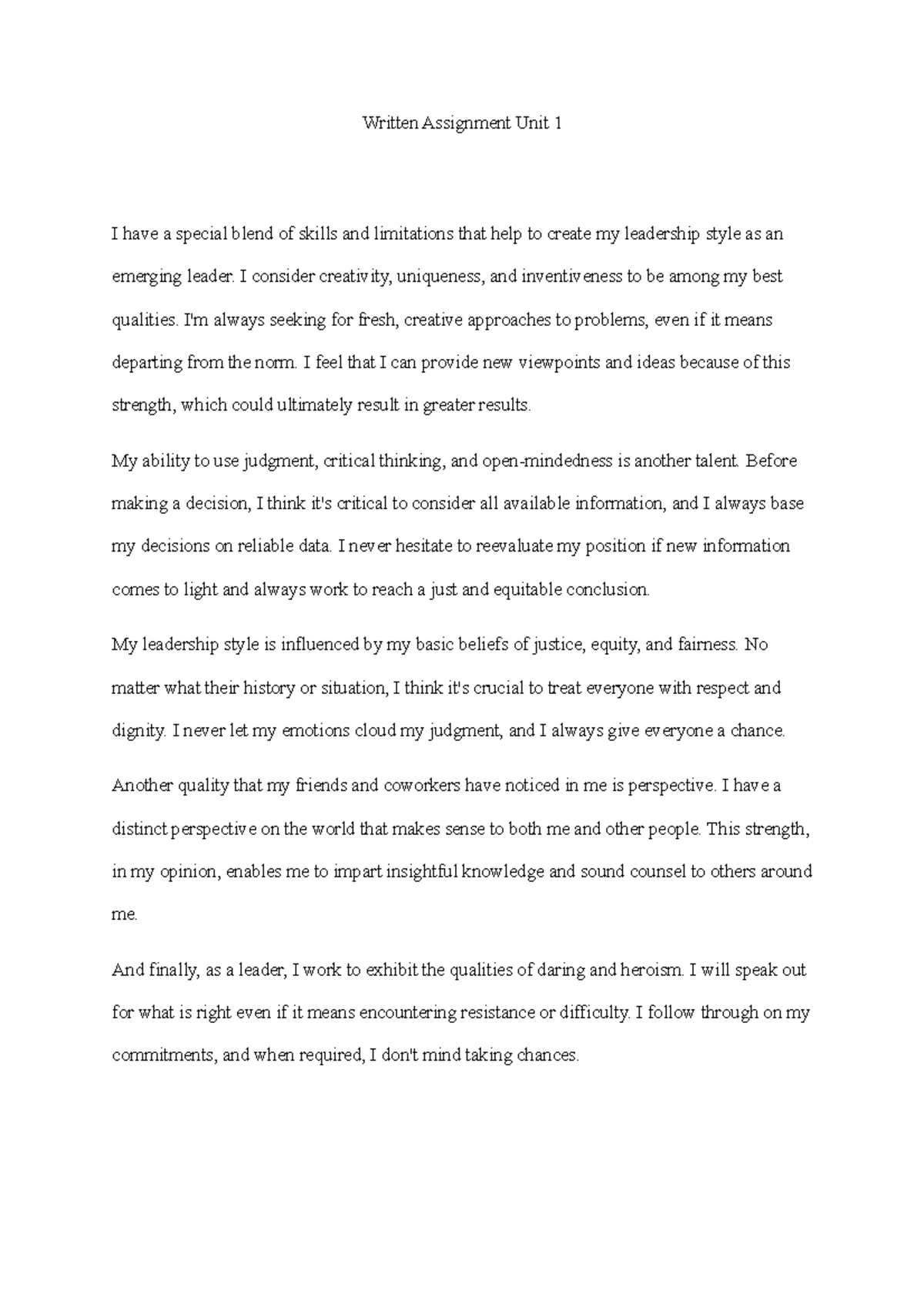 Written Assignment Unit 1 BUS4405 - Written Assignment Unit 1 I have a ...