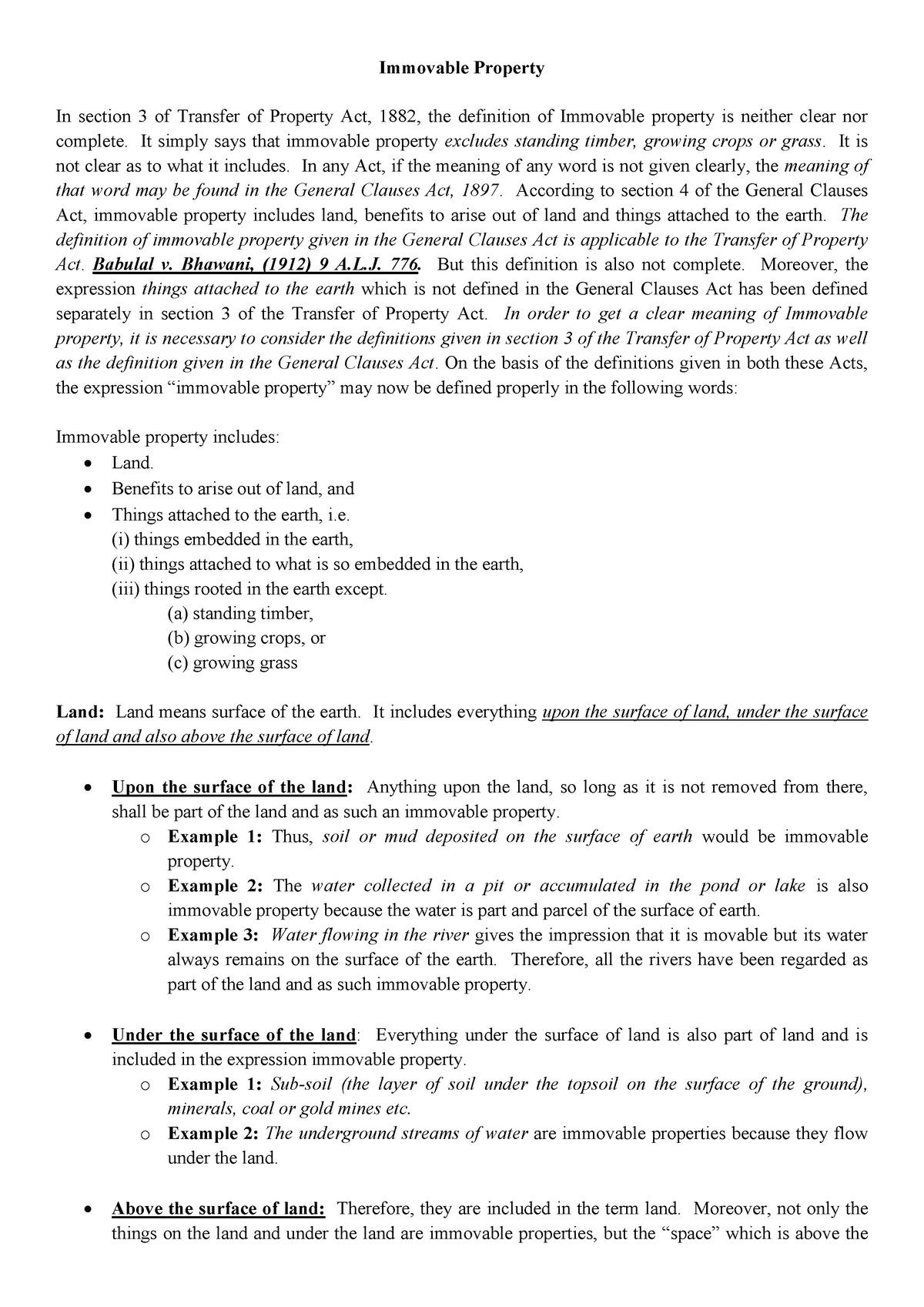 Immovable property - Lecture notes 1 - Immovable Property In section 3 ...