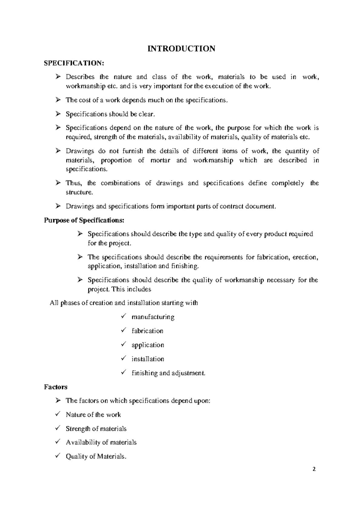 Specifications AND Tenders SPECIFICATION INTRODUCTION Describes the