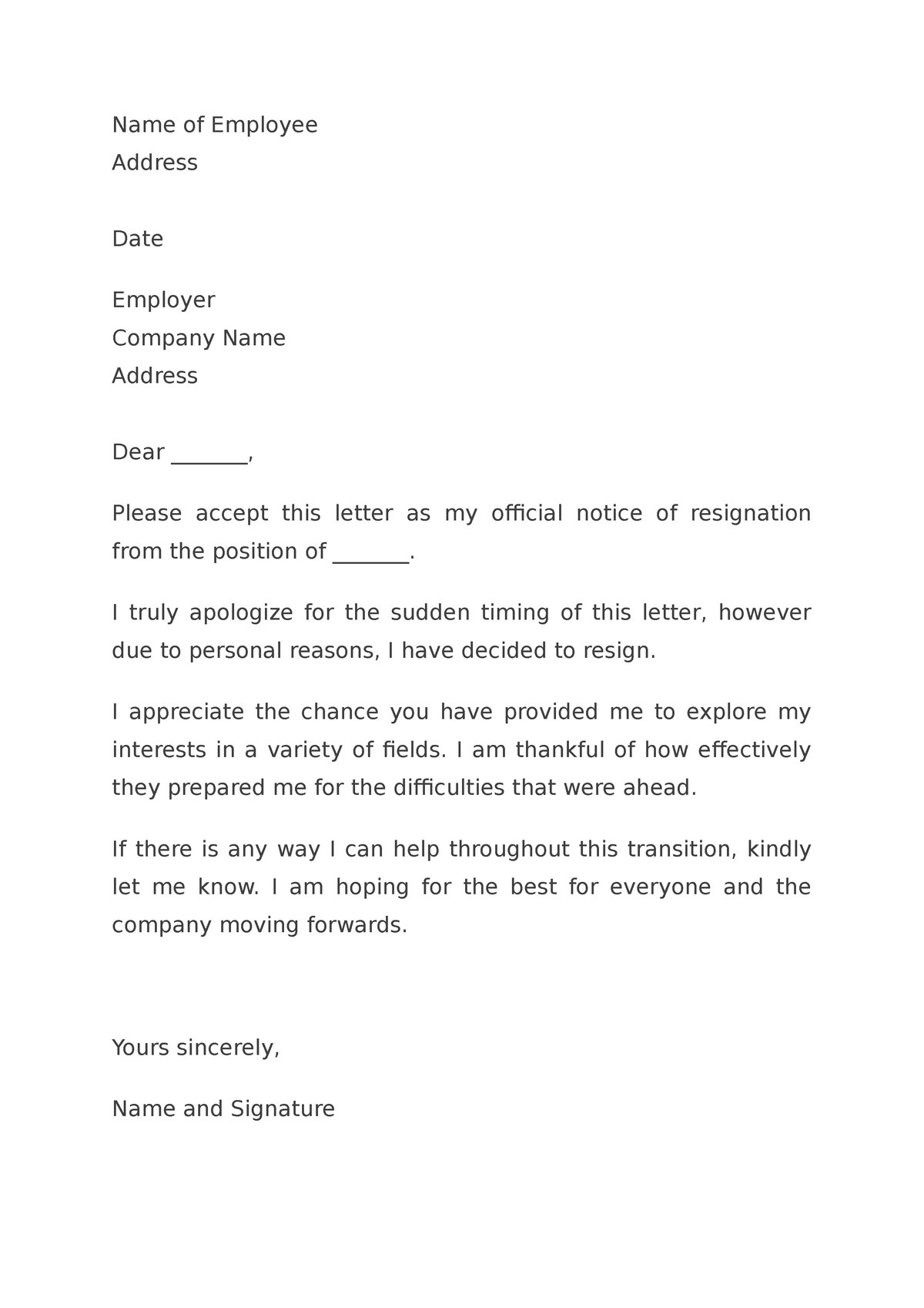 Sample-Resignation-Letter - Name of Employee Address Date Employer ...