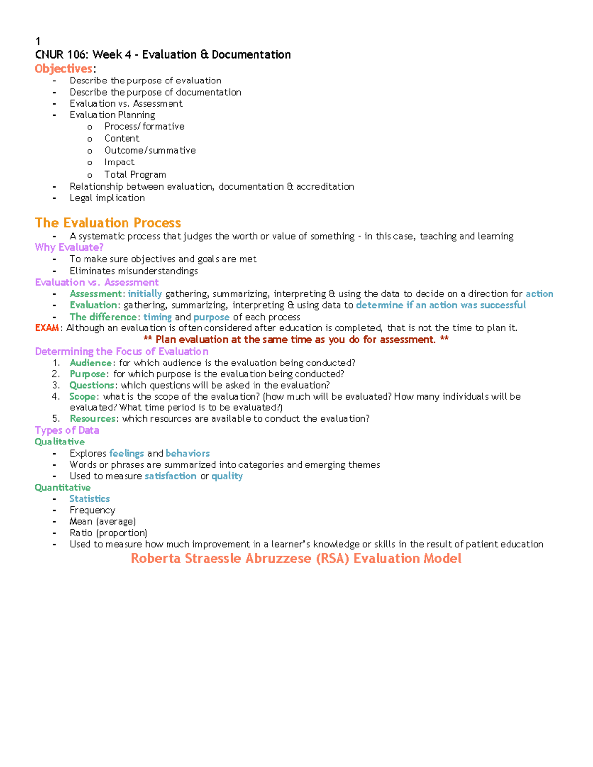 Week Evaluation Documentation Lecture Notes Cnur Week