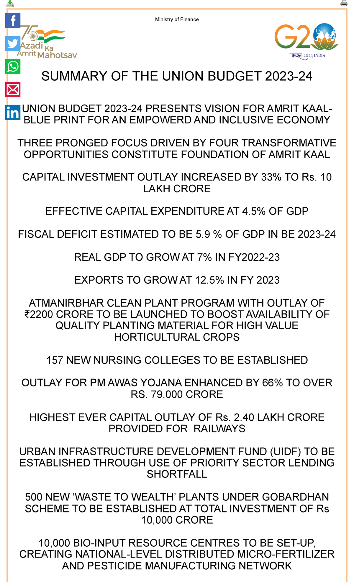 Press Information Bureau- Budget Summary - Ministry Of Finance SUMMARY ...