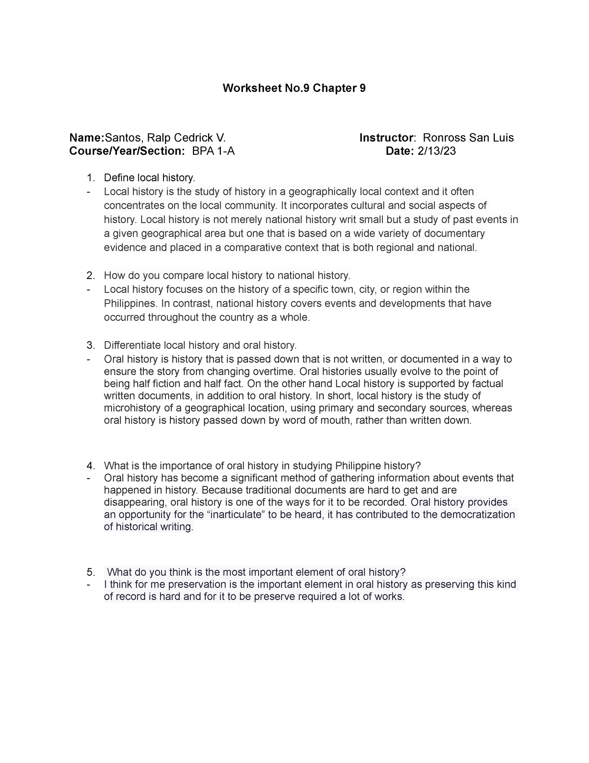 Worksheet No - Instructor: Ronross San Luis Course/Year/Section: BPA 1 ...