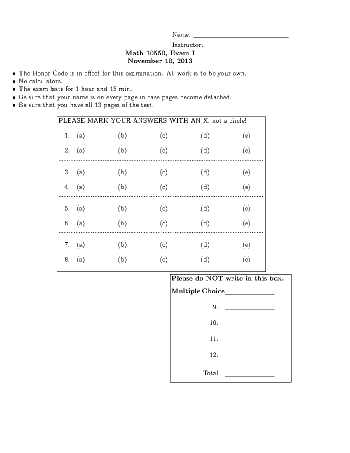Practice Exam 2 Solutions - Instructor: Math 10550, Exam I November 10 ...