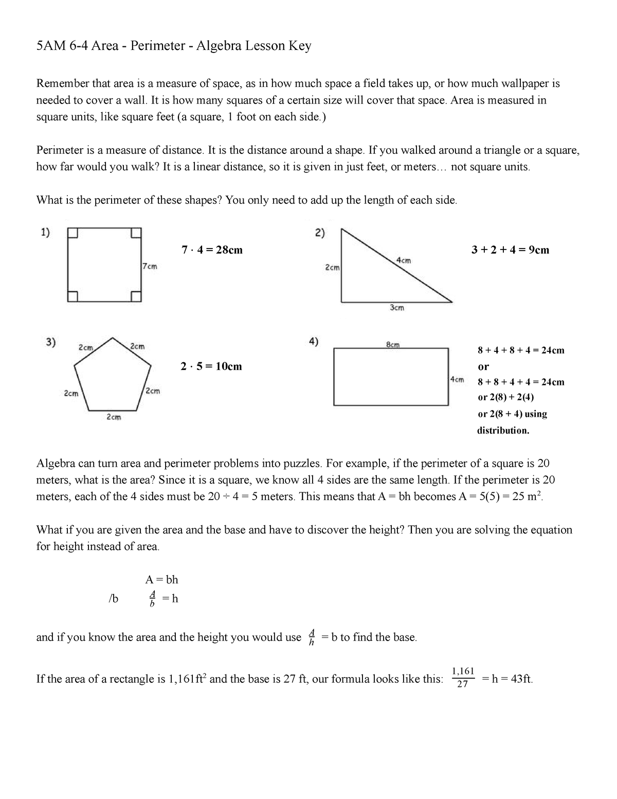 6-4 Area and Perimeter Lesson Answer KEY - 5AM 6 4 Area Perimeter ...