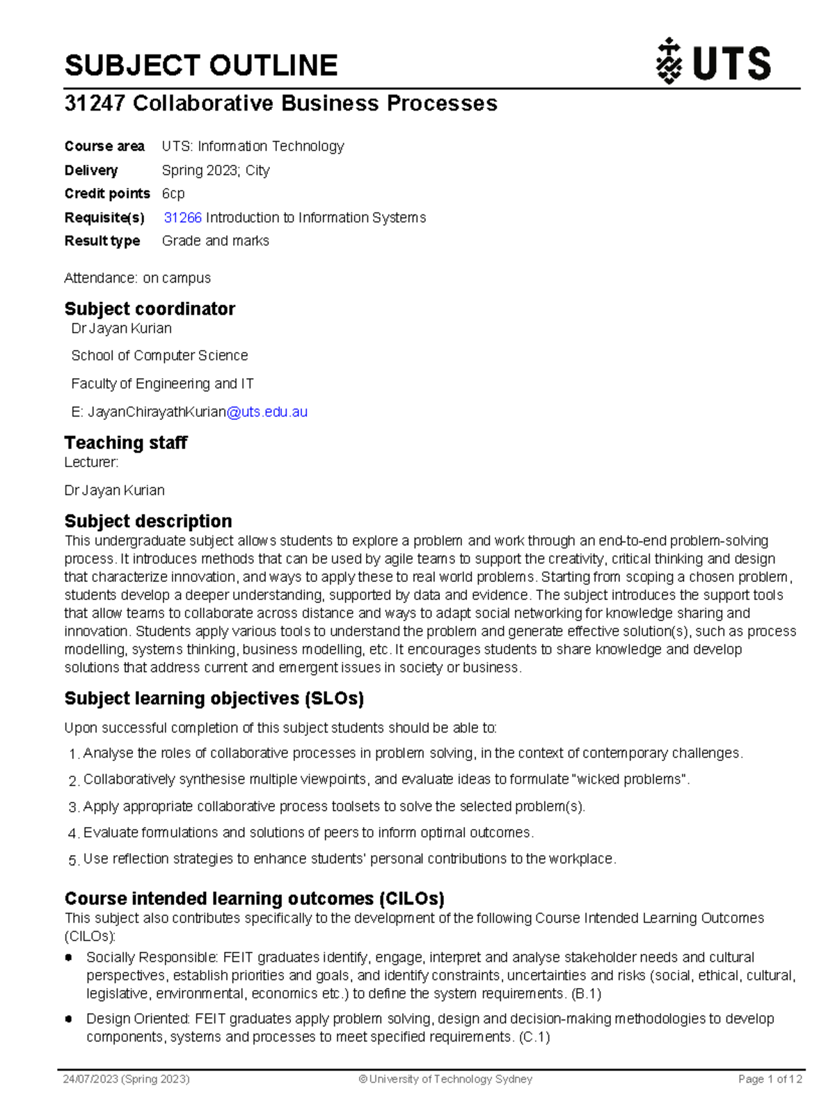 31247 outline - SUBJECT OUTLINE 31247 Collaborative Business Processes ...