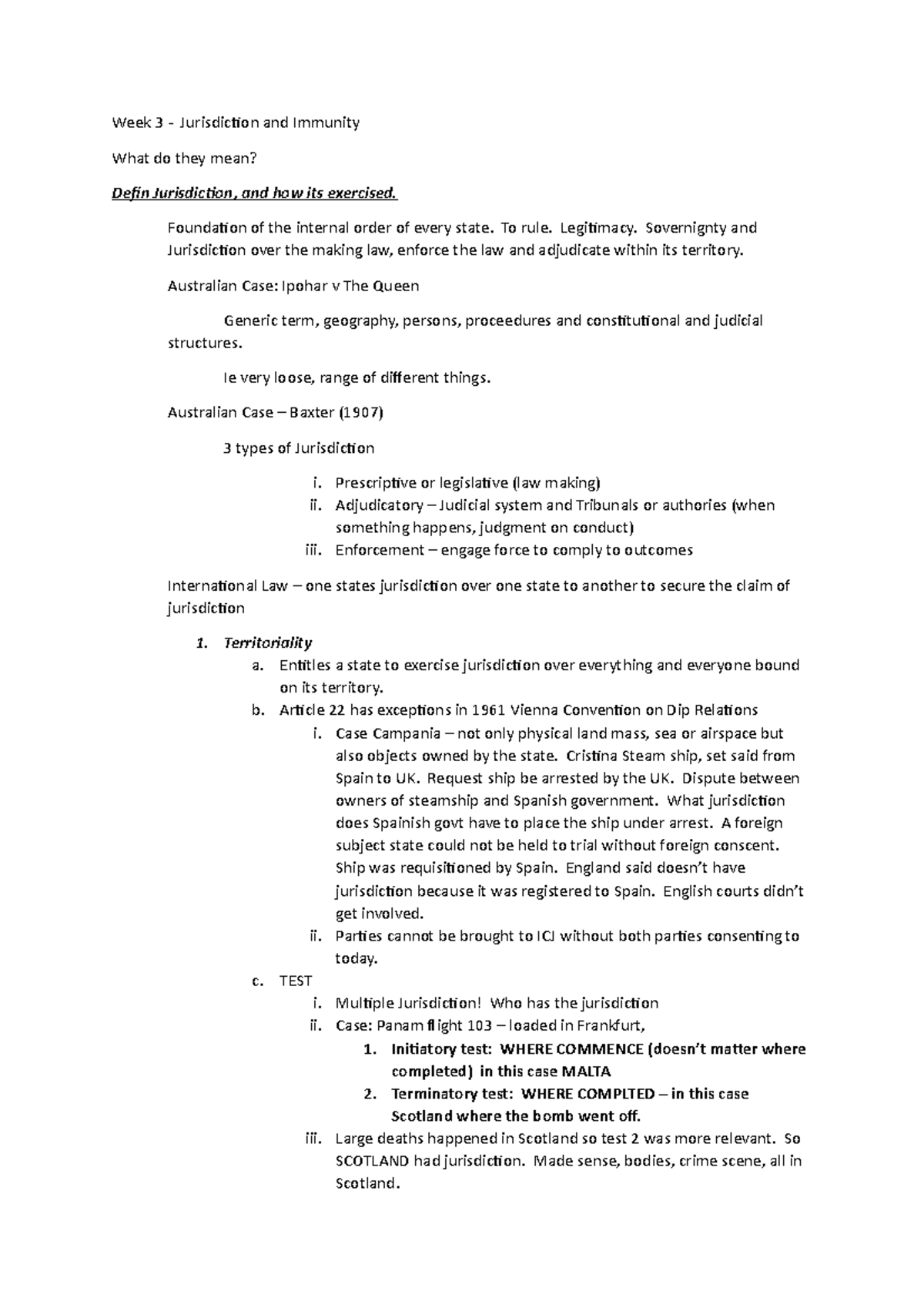 Week 3 study notes Jurisdiction and Immunity Week 3 Jurisdiction