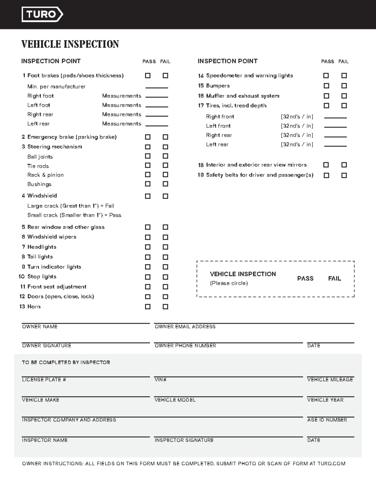 Turo-inspection-form-1 - VEHICLE INSPECTION INSPECTION POINT PASS FAIL ...