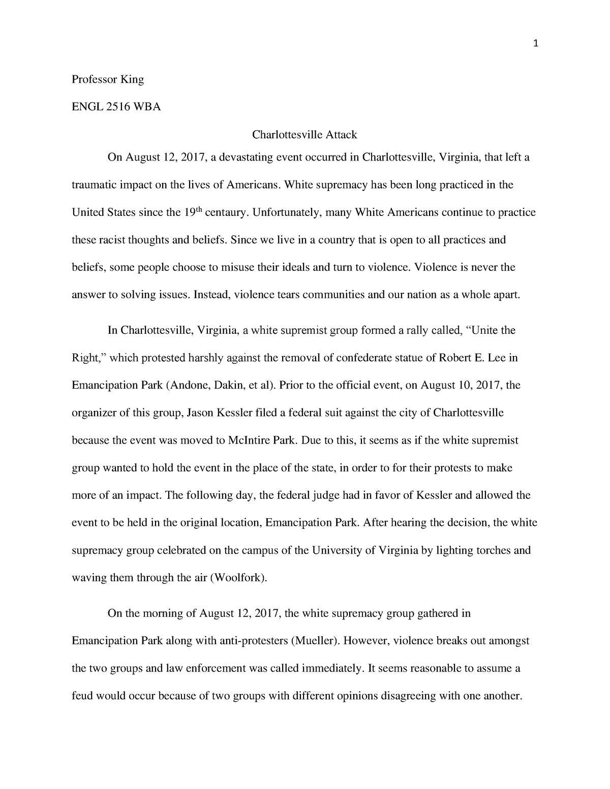 Charlottesville Attack Essay Professor King ENGL 2516 WBA