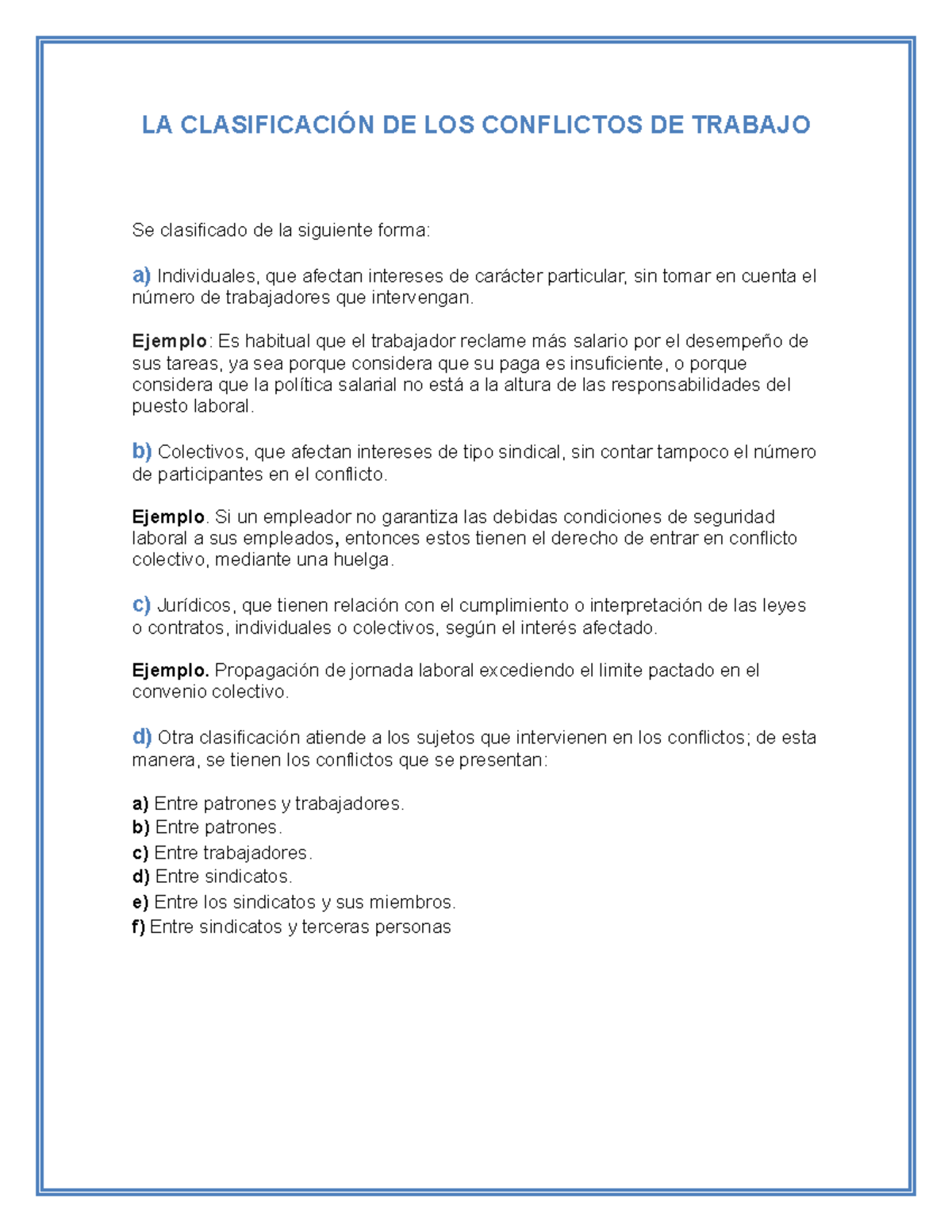 LA CLASIFICACIÓN DE LOS CONFLICTOS DE TRABAJO - LA CLASIFICACIÓN DE LOS ...