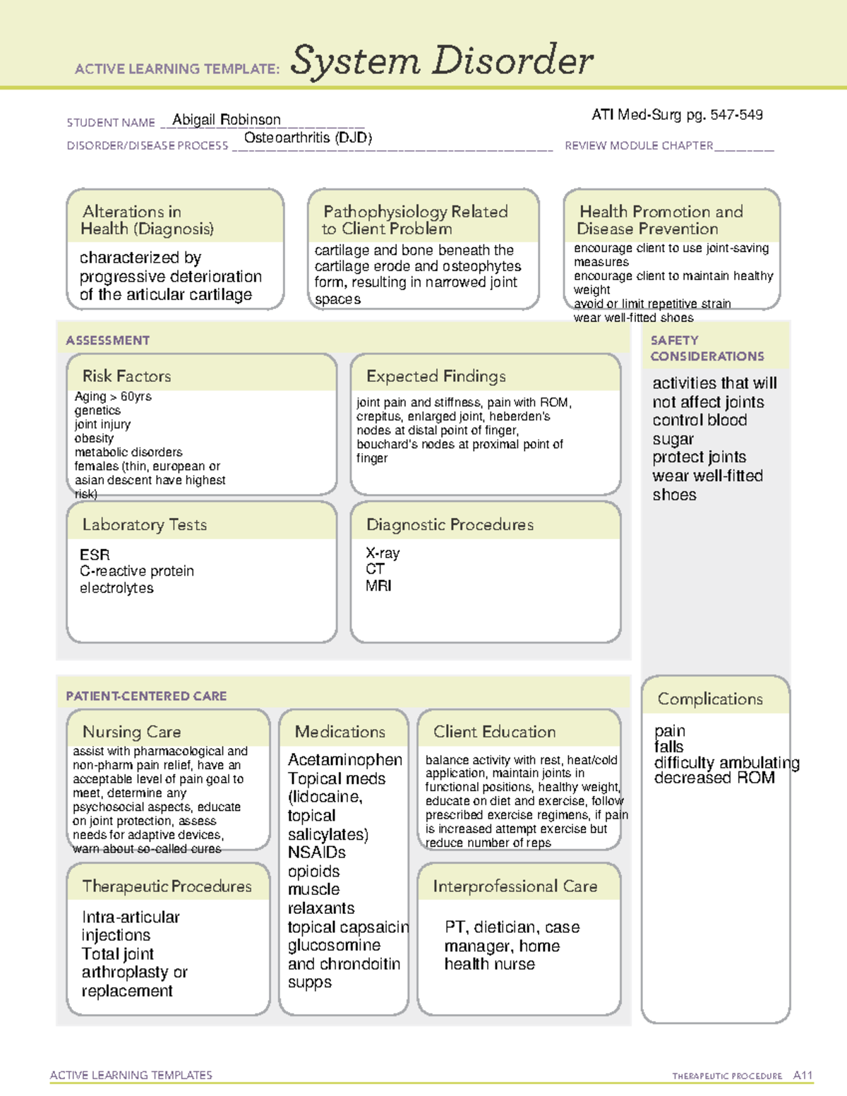 System disorder osteoarthritis - ACTIVE LEARNING TEMPLATES THERAPEUTIC ...