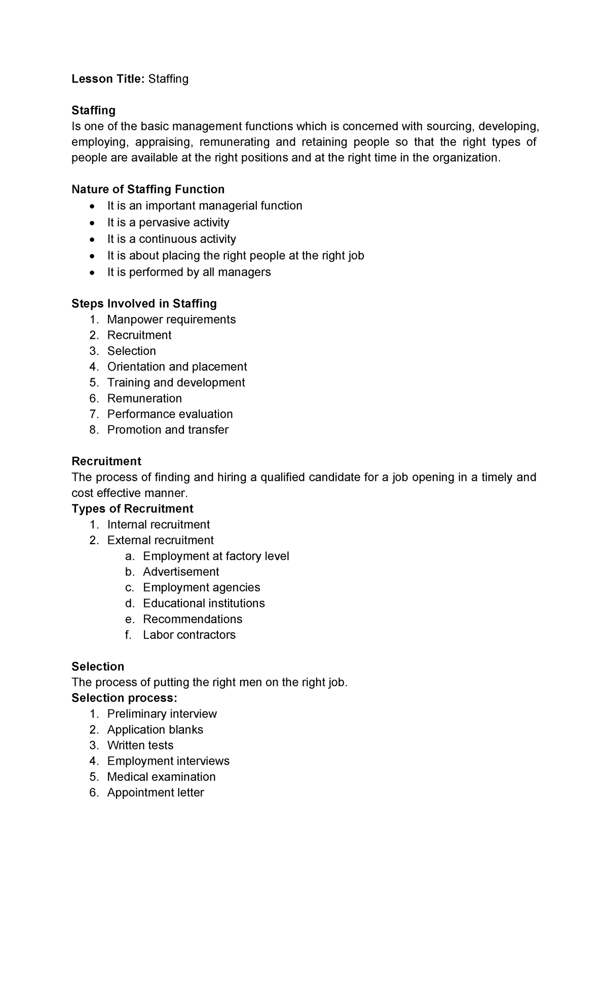 Staffing - Lesson Title: Staffing Staffing Is one of the basic ...