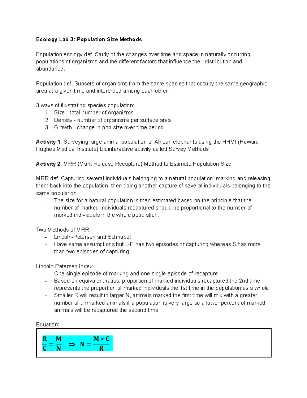 Ecology Experiment 3 Notes - Ecology Lab 3: Population Size Methods ...