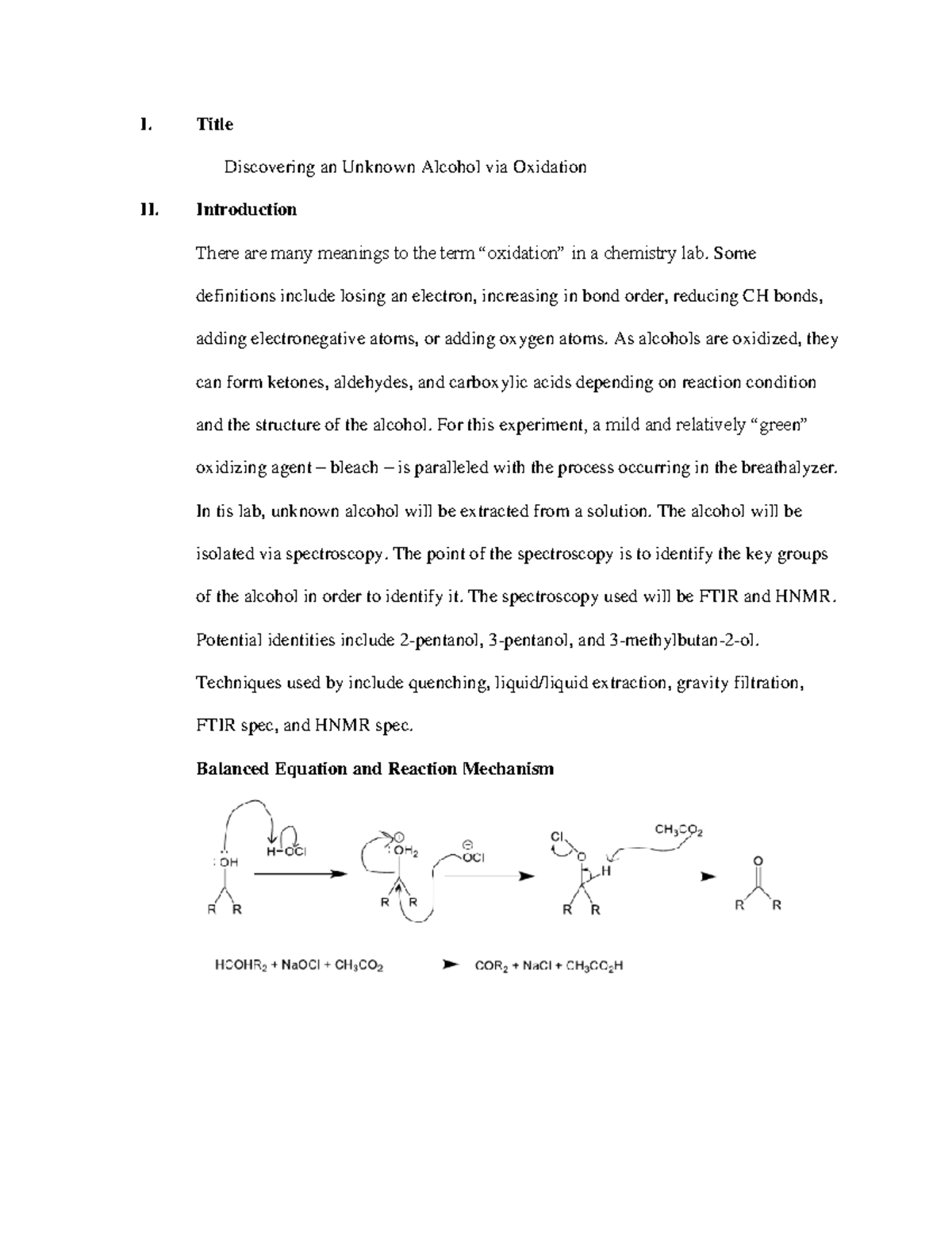 Lab 1 Oxidation of an Unknown Alcohol I. Title Discovering an