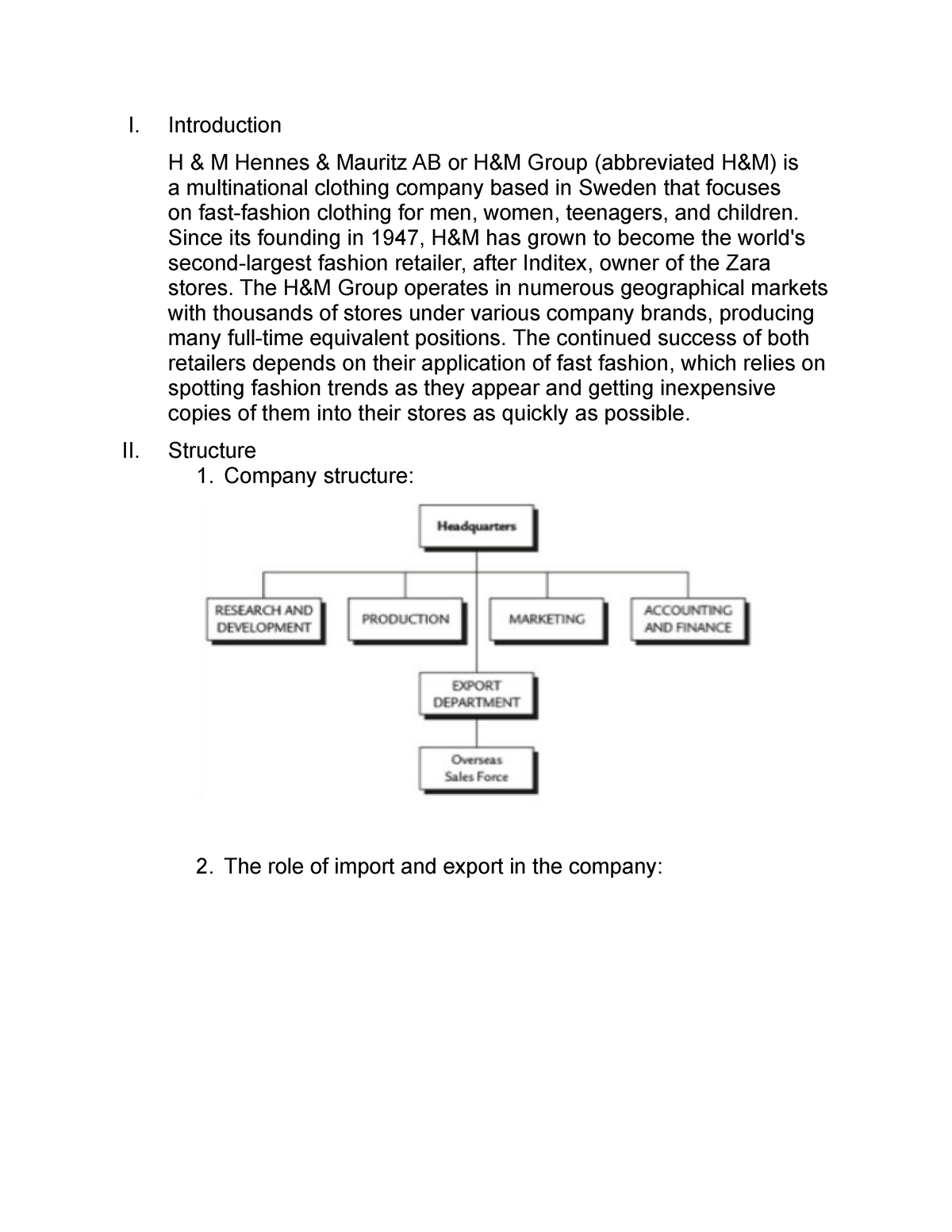 Project - I. Introduction H & M Hennes & Mauritz AB Or H&M Group ...