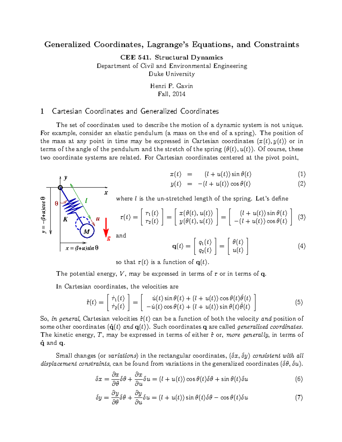 Lecture Notes, Generalized Coordinates, Lagrange’s Equations and ...