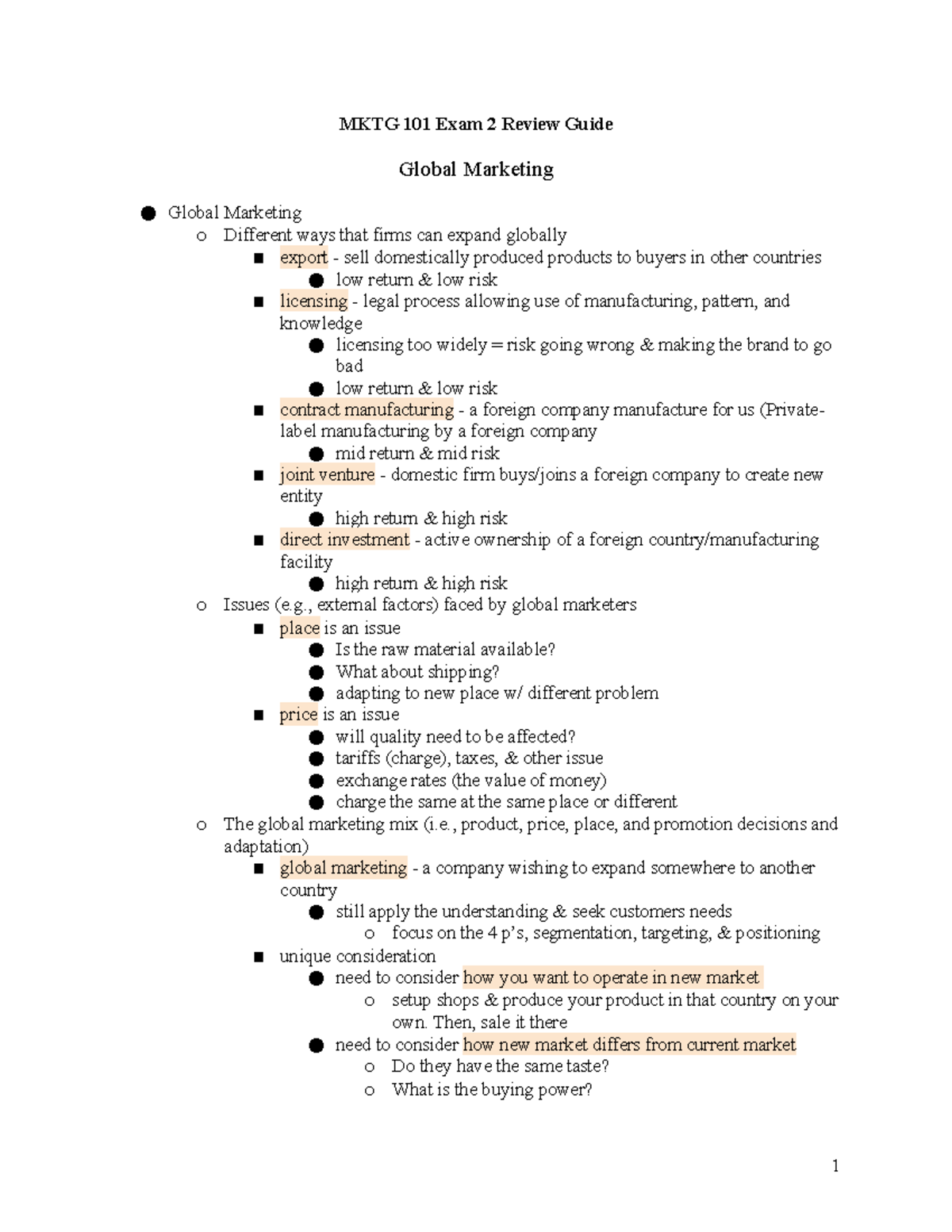 SG. E. 2 Global Marketing & Product - MKTG 101 Exam 2 Review Guide ...