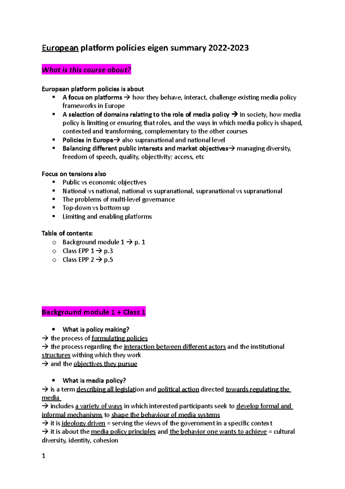 European platform policies eigen summary 2022 - 1 o Class EPP 1 p. o ...