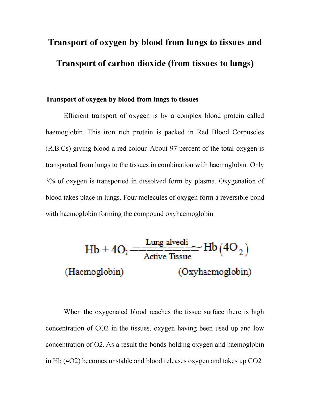 Transport Of Oxygen By Blood From Lungs To Tissues And Transport Of ...